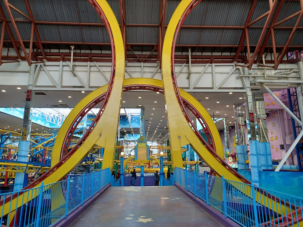 A photo of the Mindbender's triple loop from the opposite side, from the exit catwalk.