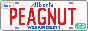 A sitebutton for peagnut.ca in the style of an Albertan license plate. The name PEAGNUT is in clear, red capital letters.