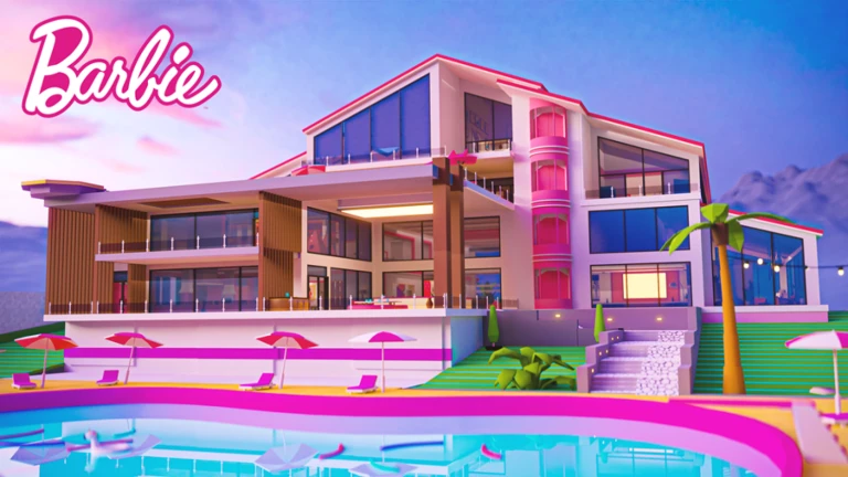 A photo of a pink mansion in Roblox, with a pool in the foreground.