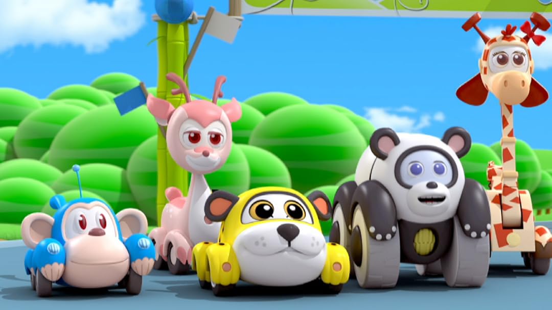 A screenshot from the animated show Vroomiz. A colourful cast of cars mixed with animal traits are parked over a simplified forest landscape.