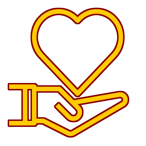 A simplistic logo of a hand held out with a heart, stylized to the website theme with red and yellow.