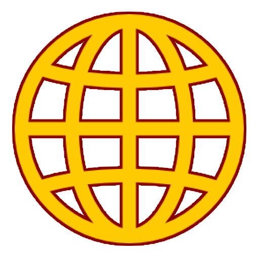 A wireframe earth icon indicating the internet, stylized to the website theme with red and yellow.