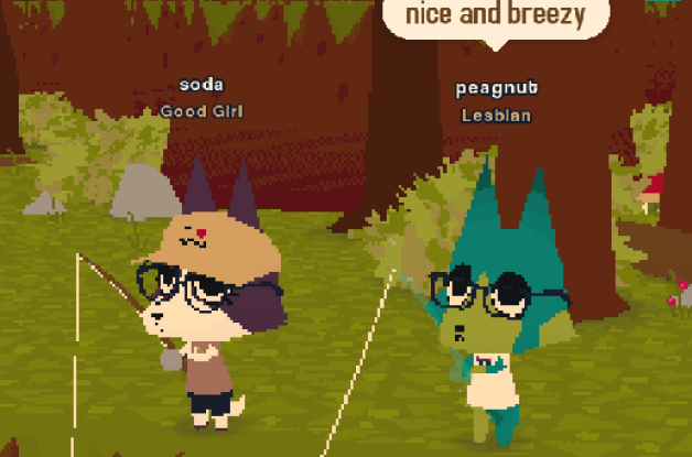 A screenshot from the game Webfishing, where a white and brown dog named Soda fishes by a green and blue dog labeled Peagnut. Peagnut is wearing no pants, and saying Nice and breezy.