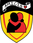 A coat of arms. It has an upper black section, with a scroll that reads Amicis with a heart. The main image of the crest is of a simplified black and red person hugging.