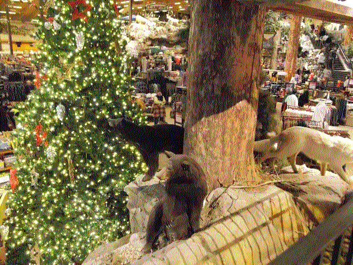 A taxidermy bear cub standing infront of a decorated Christmas tree.