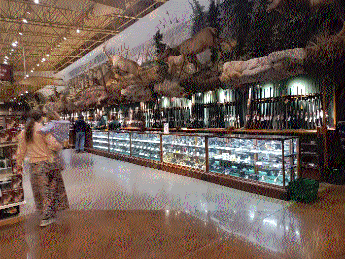 A long, cut off images of countless rifles on display. There are decorative rocks with taxidermy deer mounted above the display.